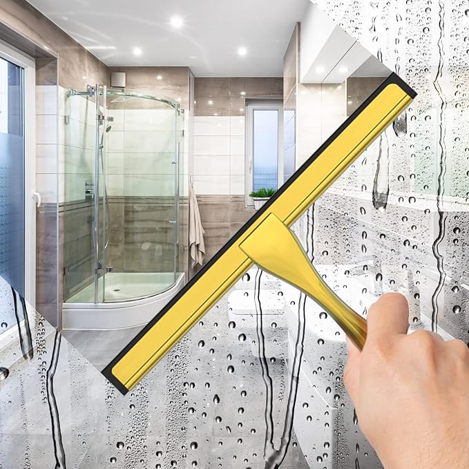 All-Purpose Stainless Steel Shower Squeegee for Shower Doors with 2 Adhesive Hooks, Bathroom Cleaner Tool Household Window Mirror Squeegee for Home Cleaning, Glass Door, Tile Wall, Car, 10 Inch Golden
