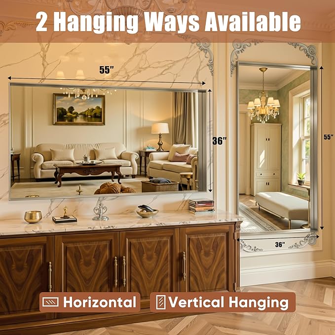 55"x36" Silver Framed Bathroom Mirror, Large Rectangular Vanity Mirror, Aluminum Metal Frame, Wall Farmhouse Modern Wall-Mounted Mirrors for Bathroom, Bedroom, Living Room, Over Sink