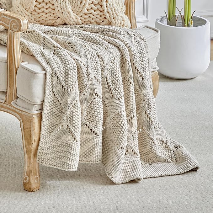 Longhui bedding Chunky Cotton Knit Throw Blanket for Couch, Sofa, Bed, or Chair, Decorative Breathable Fall Cable Knit Blanket 60 x 80 Inches, Large Medium Weight Beige
