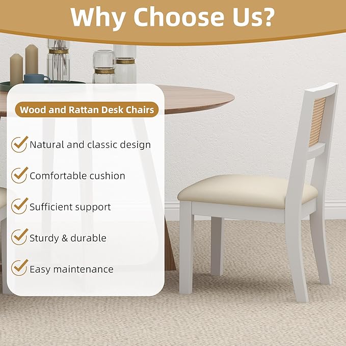 Westice Rattan Dining Chairs Set of 4, Farmhouse Natural Dining Room Chairs with Upholstered Cushion, Wood Armless Chairs for Kitchen/Restaurant, White