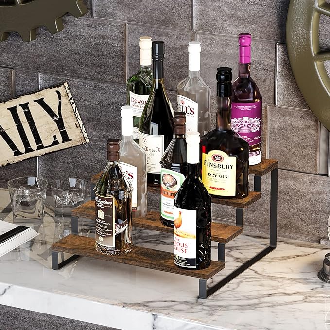 YINMIT Wooden Display Riser Stand, Tiered Perfume and Cologne Organizer Stand, 4 Tier Spice Rack Organizer, Rustic Display Shelf for Candles (4 Tier)