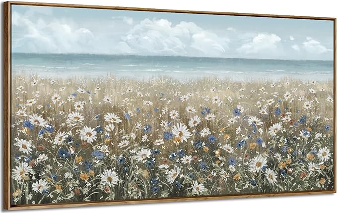 amatop Large Wall Art for Living Room Framed Boho Beach Coastal Floral Ocean Wall Picture Farmhouse Daisy Flower Sea Canvas Print Nautical Neutral Vintage Warm Artwork Home Bedroom Office Decor 48x24