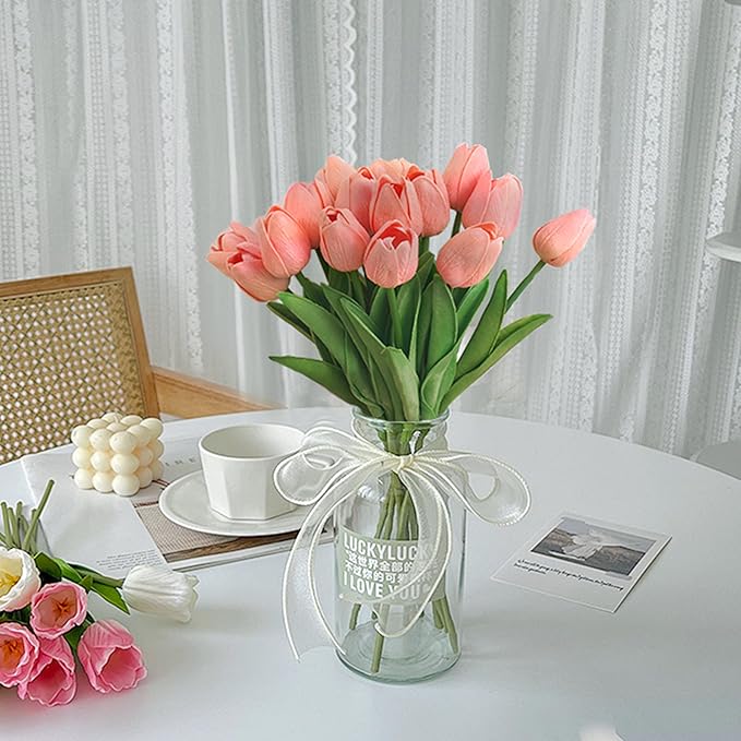 20pcs Pink Artificial Tulip Fake Flower 12.9 Inch Spring Mother's Day Easter Gift for Home Kitchen Wedding Decoration