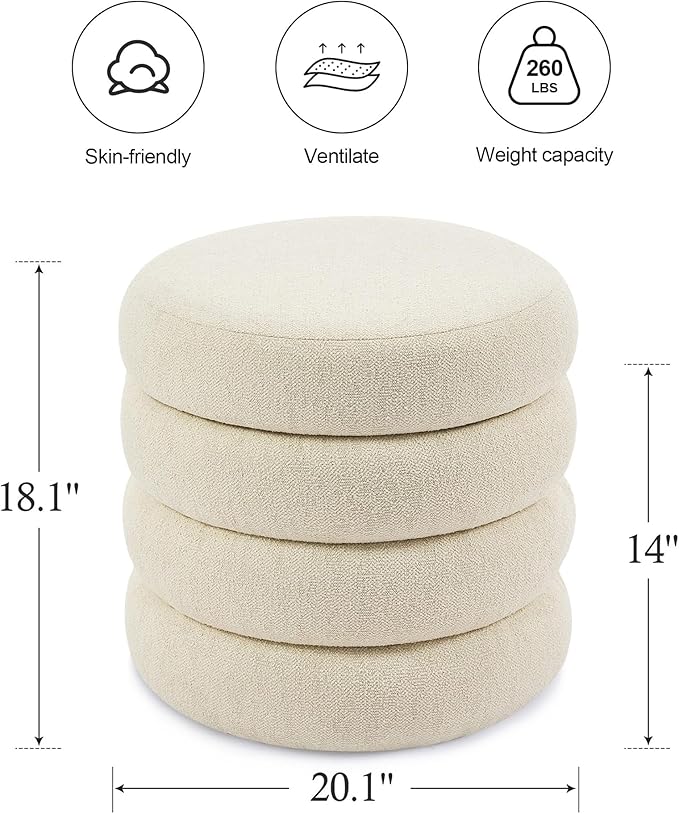 ONEVOG Round Storage Ottoman, 20" Small Ottomans Table with Removable Lid, Linen Fabric Soft Footrest Stools for Couch, Upholstered Stuffed Circle Seat for Living Room/Bedroom/Dorm/Vanity, Beige
