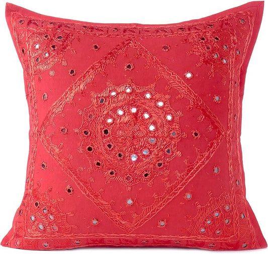 Eyes of India Embroidered Decorative Boho Throw Pillow Cover with Mirrors, Handmade Bohemian Accent Cushion Case for Sofa Couch Bedroom Living Room (Red, 16" x 16")