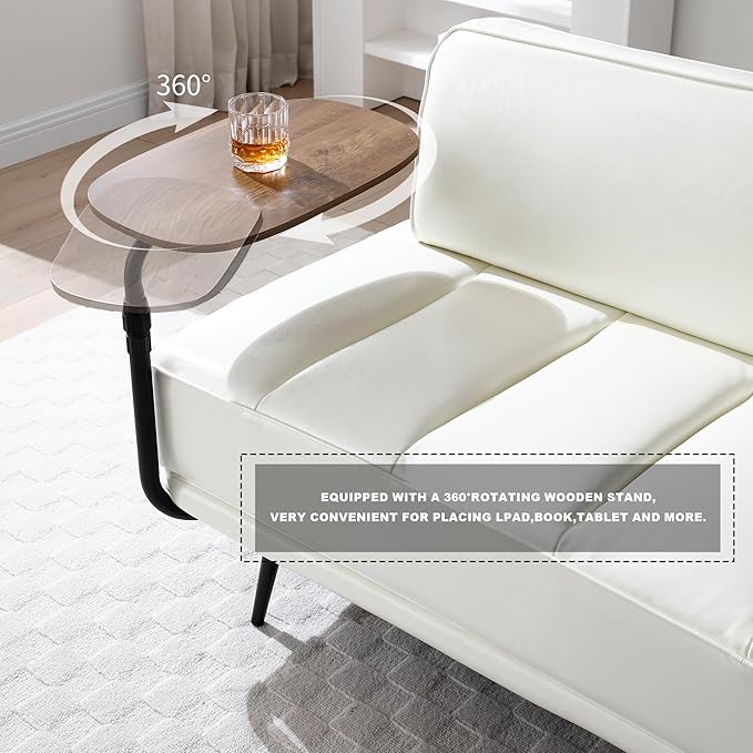 Sofa,Bed Bench,Small Spaces Furniture,Polyurethane Leather,Wood Frame,High Density Sponge Infillings,360-Degree Swivel Tray,Black Metal Leg (Beige)