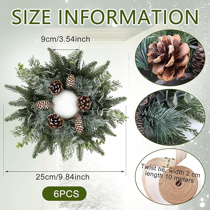 6 PCS Christmas Mini Cabinet Wreaths for Kitchen with Burlap Ribbon Norfolk Snowy Pine Needles Garland Pinecones Artificial Cedar Wreaths for Xmas Front Door Window Home Table Pillar Chair Wall Decor