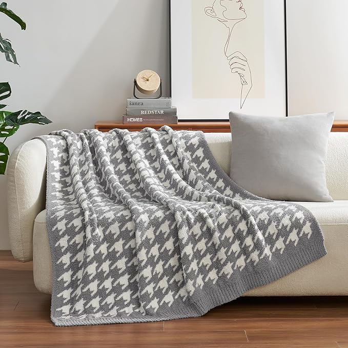 Snuggle Sac Houndstooth Throw Blanket for Couch, Reversible Super Soft Warm Blankets Cozy Knit Fuzzy Plush Lightweight Throws for Sofa, Bed, Camping, Grey,50x60 inches
