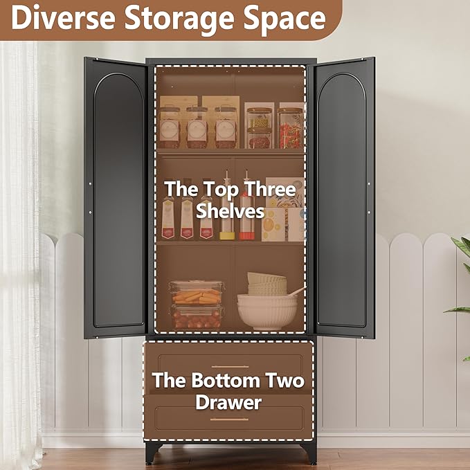 Kitchen Pantry Cabinet, 75" Tall Metal Pantry Cabinet with Two Drawers, Food Cupboards with Doors and Shelves, Freestanding Storage Cabinets for Dining, Living Room, Black, Assembly Required