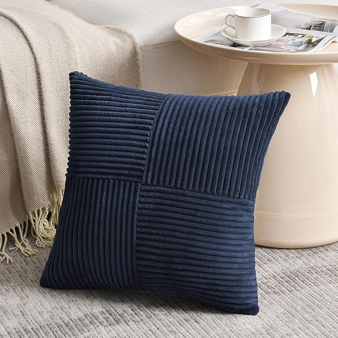 Fancy Homi 2 Packs Navy Blue Big Decorative Throw Pillow Covers 24x24 Inch for Living Room Couch Bed Sofa, Rustic Farmhouse Boho Home Decor, Soft Corss Corduroy Patchwork Accent Cushion Case 60x60 cm