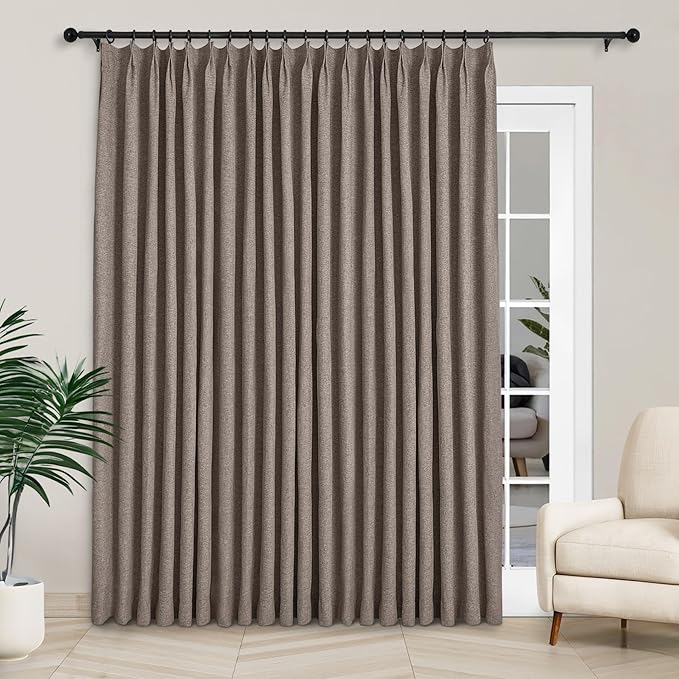Macochico 100”Wx96”L Pinch Pleated 100% Blackout Linen Curtains Thermal Sliding Curtains for Bedroom Living Room Sliding Glass Door Farmhouse Shabby Chic Light Coffee Drapery with Tieback 1 Panel