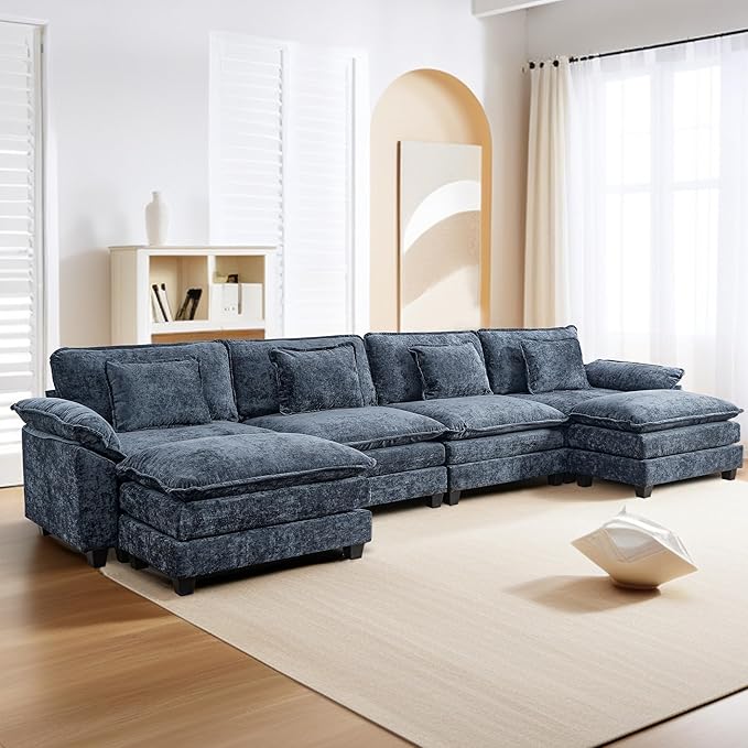 URRED Modular Sectional Sofa Comfy Cloud Couch, Modern Chenille Sofa Sleeper Deep Seat Couches with Ottoman/Pillows for Living Room (Blue, 154'' - U Shape)