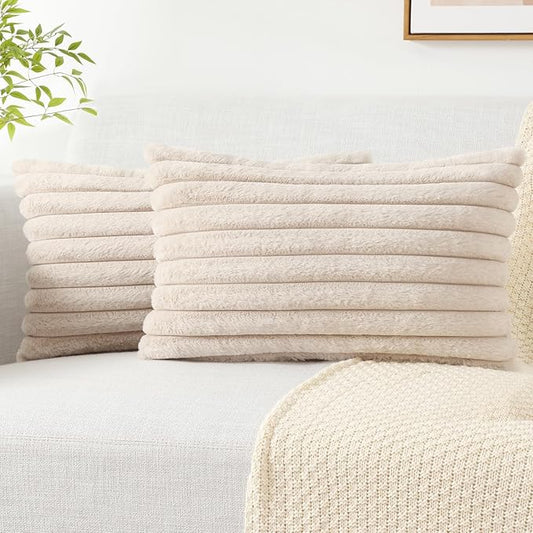 Pallene Faux Fur Plush Lumbar Throw Pillow Covers 12x20 Set of 2, Luxury Soft Fluffy Striped Decorative Pillow Covers for Sofa, Couch, Living Room, Apricot