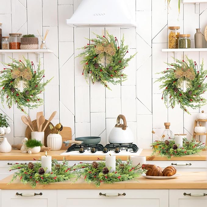 6 Pcs 9 Inch Christmas Wreaths for Kitchen Cabinet Artificial Cedar Pine Hanging Wreath with Red Berries Pine Needles for Front Door Xmas Swag Wreaths for Christmas Winter Farmhouse Home Decorations