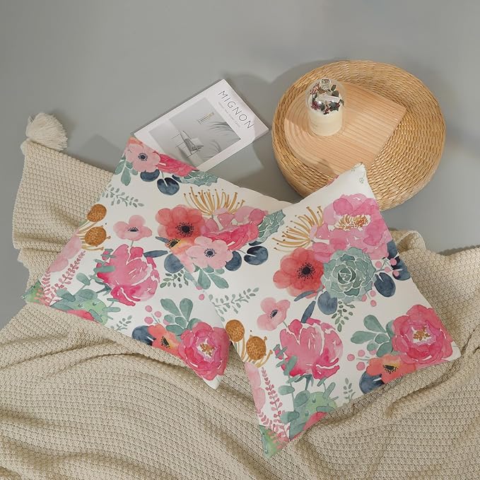 CXMEIFLY Spring Floral Pillow Covers 24 x 24 Inch Set of 2 for Watercolor Pink Flowers Decor Throw Pillows Green Leaves Plant Outdoor Decorative Cushion Cases with Zipper for Couch Bed Decorations