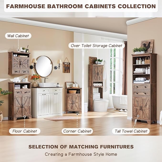 Farmhouse Bathroom Cabinet, 72" Tall Storage Cabinet with 2 Drawers, Adjustable Shelves & Barn Door, Cabinets for Bathroom, Living Room, Kitchen, Rustic Brown