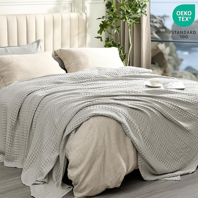 PHF Cooling Waffle Blanket Twin Size, Lightweight 60% Rayon Derived Bamboo & 40% Cotton Breathable Blanket for Hot Sleepers, Soft and Luxury for Bed Couch and Sofa, 66"x90", Grey