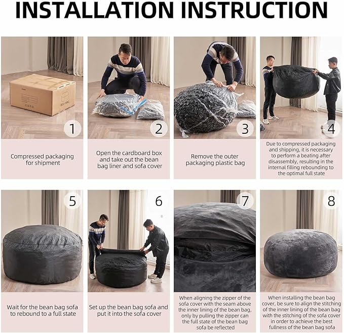 Bean Bag Chair 5Ft, Memory Foam Filled, Large Beanbag Chairs for Adults and Teens, Soft Sofa with Removable Flannel Cover, Round Couch for Living Room Bedroom College Dorm (Black, 5FT-60×60"×24")