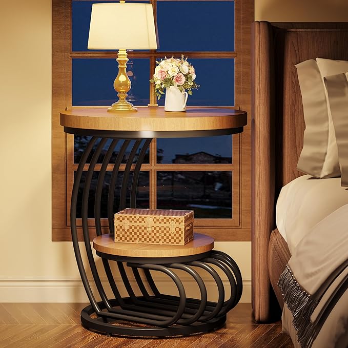 Tribesigns Round End Side Table: Side Table with 2 Tiers Storage Shelves, Vintage End Table for Living Room, Small Bedside Table Accent Table with Arc-Shaped Frame, Light Brown
