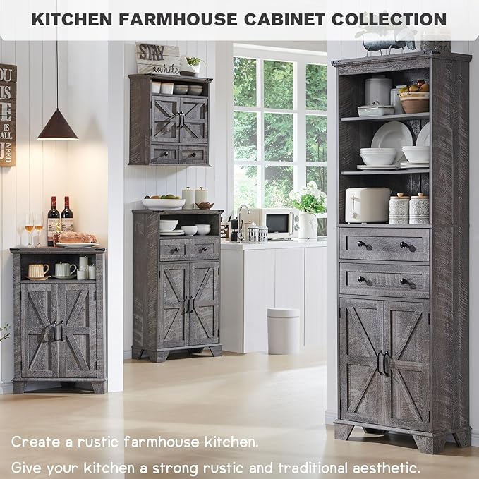 Bathroom Floor Cabinet, Farmhouse 24" Wide Cabinet with Drawer, Adjustable Shelf, Barn Doors, Cabinets for Bathroom, Kitchen, Living Room, Grey Wash