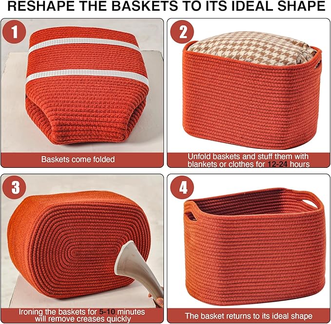 Storage Baskets for Organizing, Storage Basket for Shelves, Toy Towel Basket for Bathroom Nursery, Woven Cotton Rope Baskets for Decor, 15"x11"x9.5", 3 Packs, Brick Red