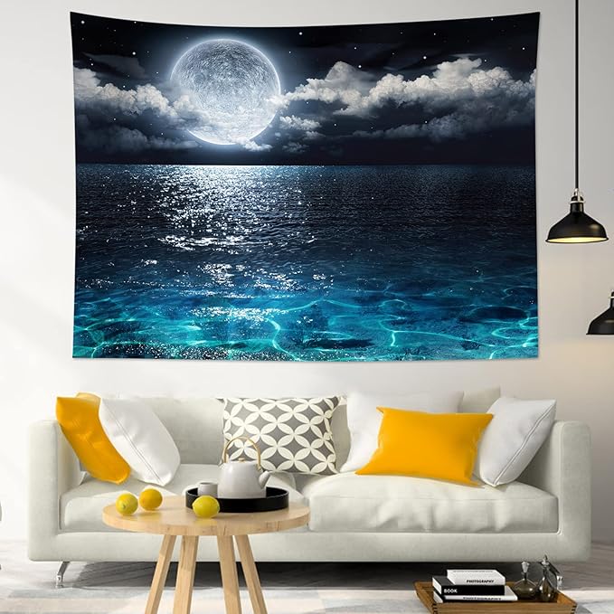 LB Night Sky Ocean Tapestry Full Moon on Sea Tapestry Wall Hanging Fantasy White Cloud Watercolor Wall Art for Bedroom Living Room Dorm Wall Decor, 59Wx51H inches