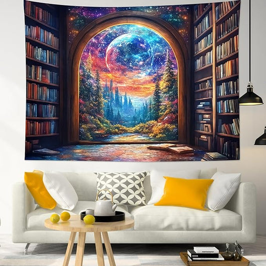 LB Fantasy Bookshelf Moon Tapestry, Trippy Tree and Vintage Library in Forest Wall Tapestry for Bedroom, Galaxy Cool Wall Art for Living Room Dorm Classroom Home Decor Ready to Hanging, 48 x 36 Inches