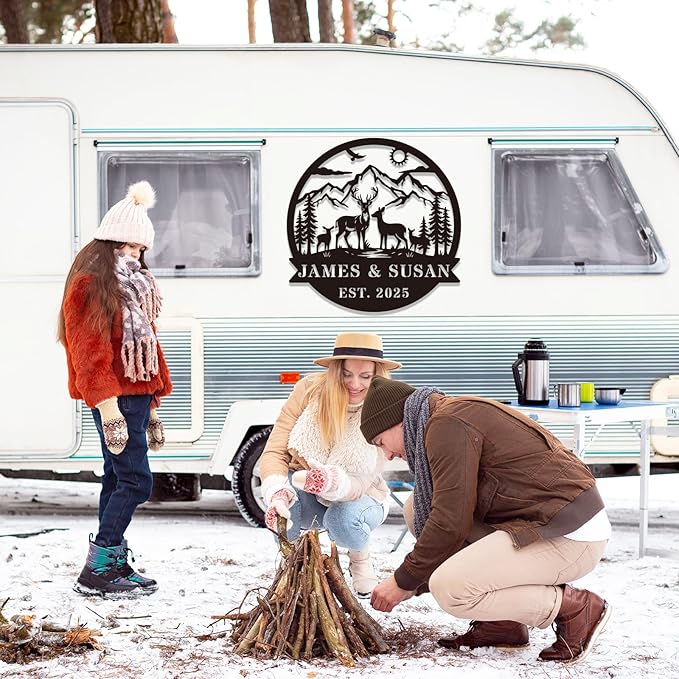 Personalized Rustic Metal Deer Cabin Sign, Outdoor Welcome Sign for Front Porch, Great Custom Metal Name Sign Gift for Hunters, Farmhouse Cabin Decor