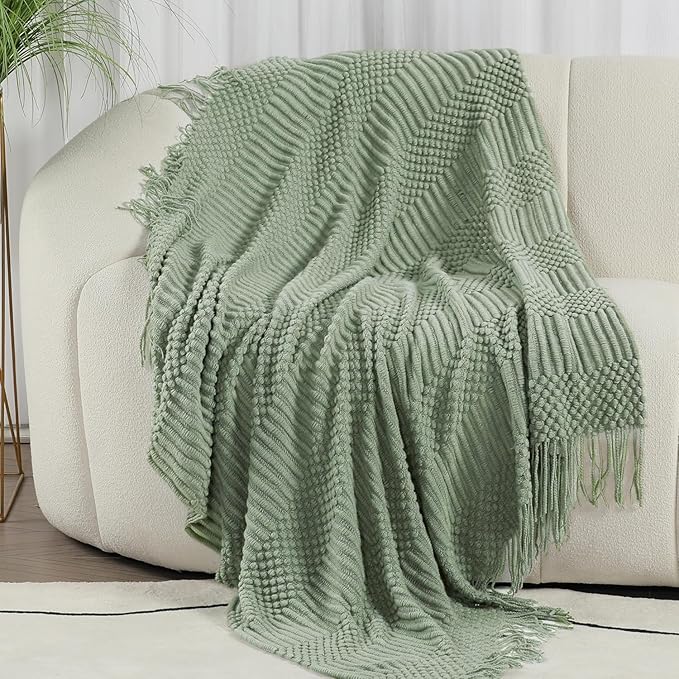 Blagic Knitted Throw Blanket for Couch, Bed and Sofa. Super Soft Blanket with Tassels, Sage Green Throw Blanket, 60 x 80 Inches Lightweight & Cosy Home Decor