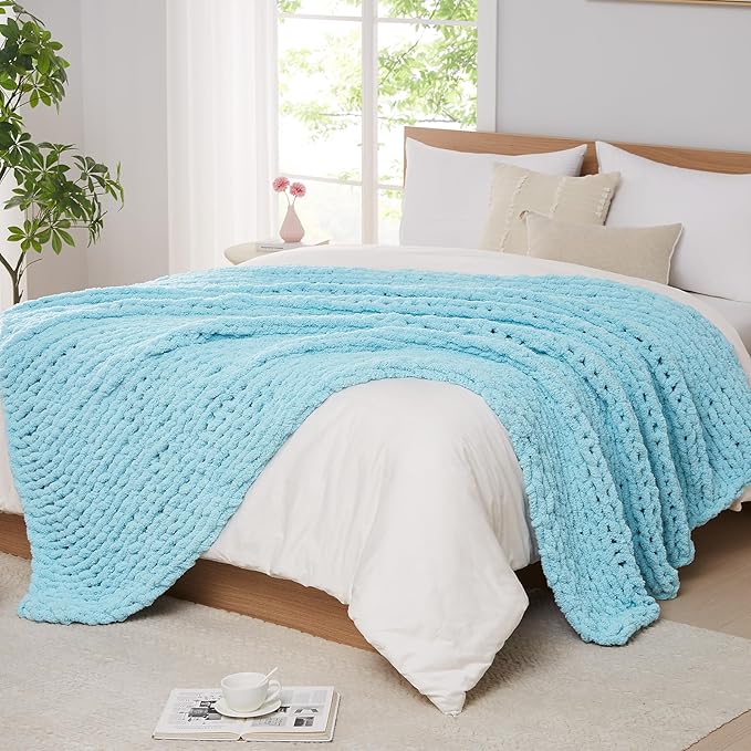 L'AGRATY Chunky Knit Blanket Throw - Soft Chenille Yarn Throw Blanket 40x50： Handmade Thick Cable Knit Crochet Blanke - Large Knit Blanket Chunky Rope Knot Throw Blanket for Couch Sofa Bed Home Decor