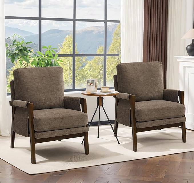 Modern Accent Chairs Set of 2 for Living Room Mid Century Arm Chairs Upholstered Bedroom Chairs Comfy Lounge Chairs with Solid Wood Frame, Dark Brown
