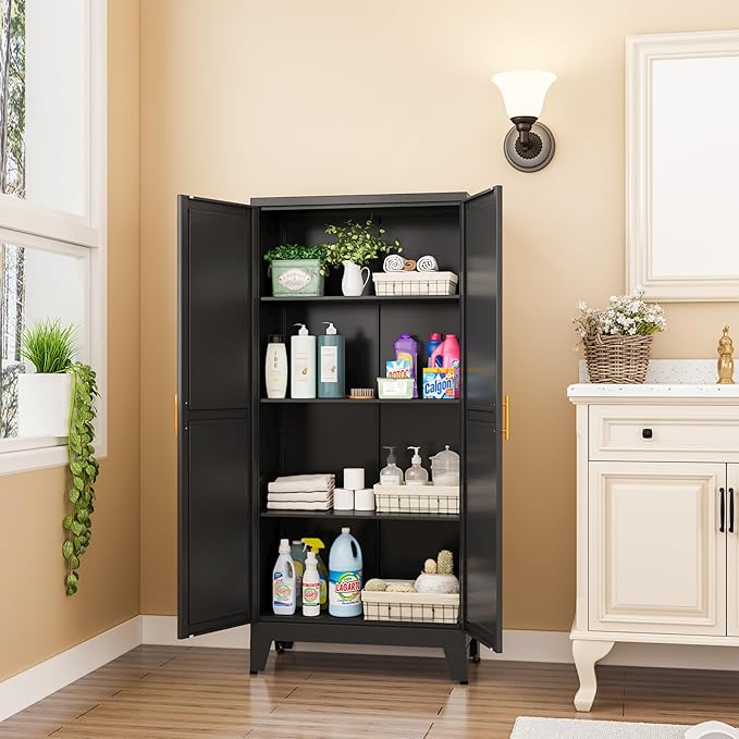 Metal Storage Cabinet With 2 Doors and 3 Adjustable Shelves, Black Kitchen Pantry for Food, Utility Cabinet for Laundry Room, Cupboard