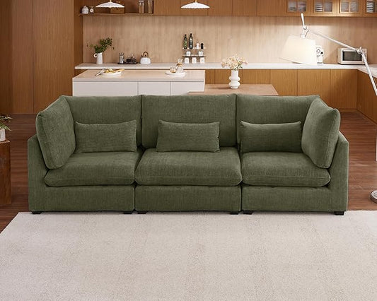 Oversized Modular Sofa, Extra Deep Cloud Chenille Sectional Couch with Ottoman Chaise, Fluffy Chenille 3 Seater Sofa for Living Room, Villa (Basic 3 Seater, Chenille Green)