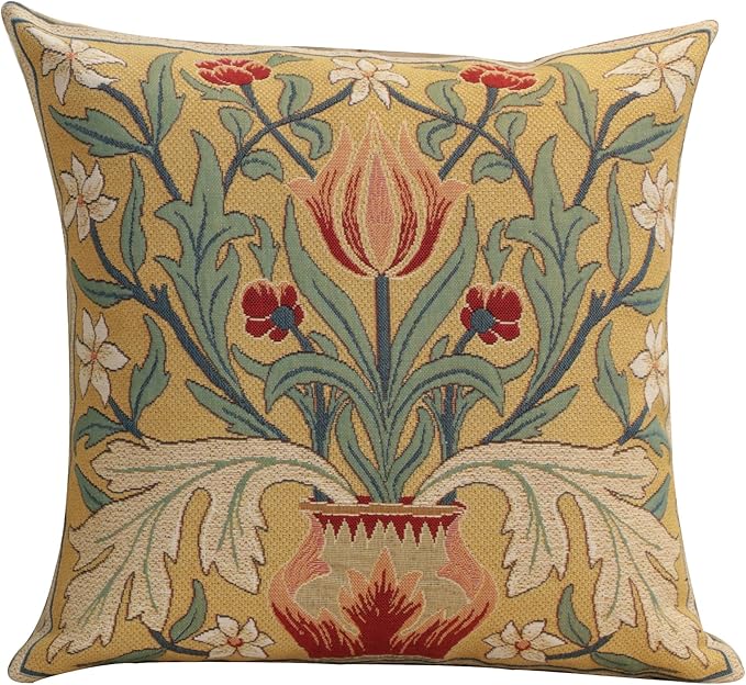 Charlotte Home Furnishings Throw Pillow Covers, Decorative Boho Pillow Covers for Couch, Living Room, Red Tulip Square Cushion Cases 18x18 in, European Cotton Jacquard Woven for Cozy Bedroom Decor