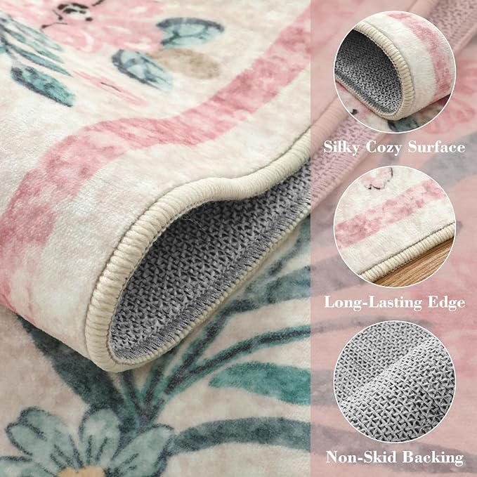 Wonnitar Pink Floral Round Rugs 5ft, Soft Circle Rug Non Slip Washable Round Carpet, Boho Non-Shedding Flower Distressed Circle Carpets for Bedroom Girls Room Nursery