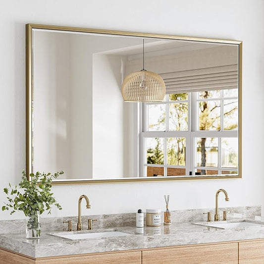 60 x 36 Gold Bathroom Mirror, Brushed Gold Beveled Bathroom Mirror, Shatterproof Large Gold Frame Rectangle Mirror, Brushed Brass Gold Framed Vanity Mirror Vertical/Horizontal Wall-Mounted