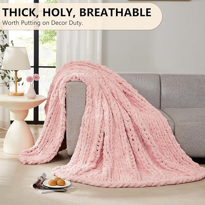 L'AGRATY Chunky Knit Blanket Throw - Soft Chenille Yarn Throw Blanket 40x50： Handmade Thick Cable Knit Crochet Blanke - Large Knit Blanket Chunky Rope Knot Throw Blanket for Couch Sofa Bed Home Decor
