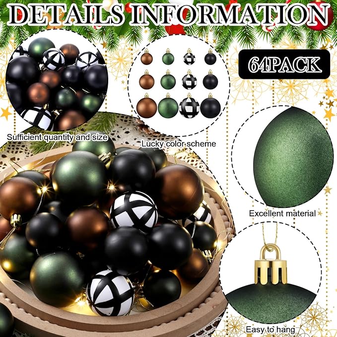 64 Pcs Neutral Christmas Ball Ornaments Bulk Matt Glitter Check Brown Green Black Xmas Bulbs Ornaments 1.6/1.97/2.4 Inch Modern Christmas Decorations for Tree Holiday Indoor Wreath Home Decor