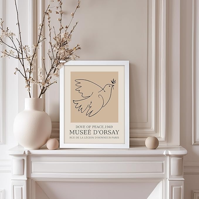 Poster Master Vintage Poster - Retro Minimalist Print - Gift for Artist, Friend - Dove Of Peace, Line Drawing, Sketch, Abstract - Wall Decor for Living Room, Bedroom, 11x14 White Framed