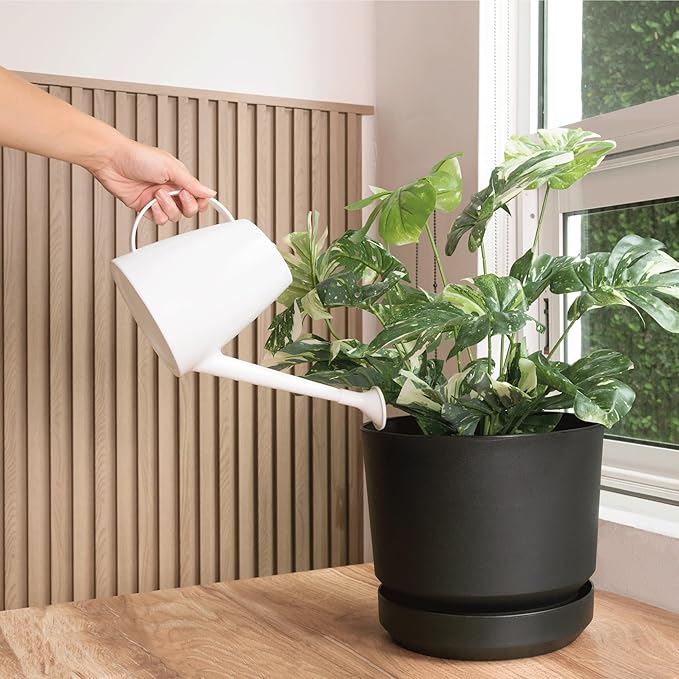 Elly Décor 14 inch Plastic Cylinder Planter Pot with Self-Watering Saucer and Drainage Hole,Lightweight & Extremely Durable, 14"x 14", Black