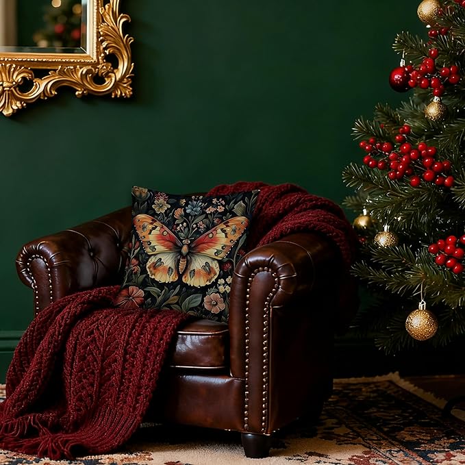 Colorful Floral Butterfly Pillow Covers 18x18, Retro Dark Cottagecore Wildflower Botanical Moth Decorative Throw Pillow Covers for Bedroom Living Room Home, Butterfly Room Decor