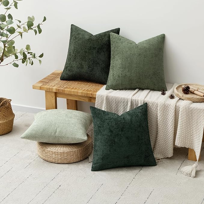 MIULEE Pack of 4 Christmas Couch Throw Pillow Covers 16x16 Inch Green Soft Decorative Chenille Pillow Covers Farmhouse Accent Cushion Covers for Boho Home Decor Sofa Bedroom Living Room