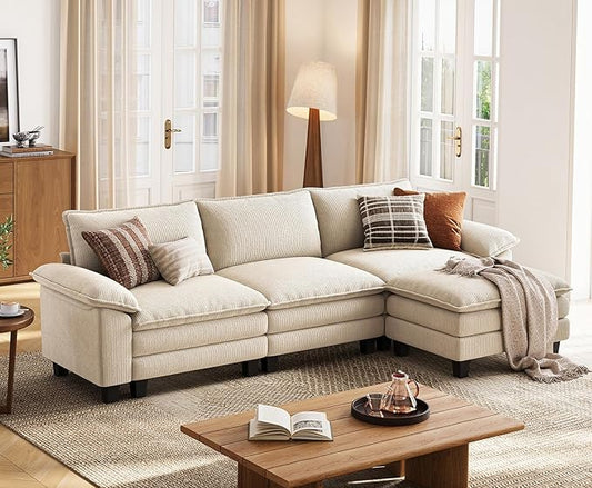 LINSY HOME Modular Sectional Sofa - 123'' Comfy Corduroy Cloud Sofa Oversized L Shaped Couch with Movable Ottoman, Soft Modern Sofa for Living Room Apartment, Beige
