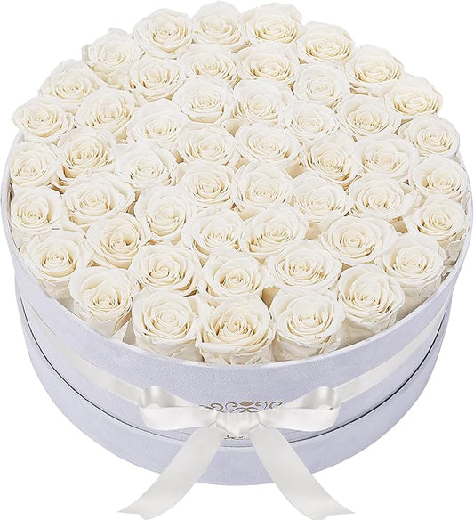 50 Piece Roses in a Velvet Box, Flowers for Delivery, Presereved Flowers Birthday Gifts for Women Mom and Wife (Off-White)