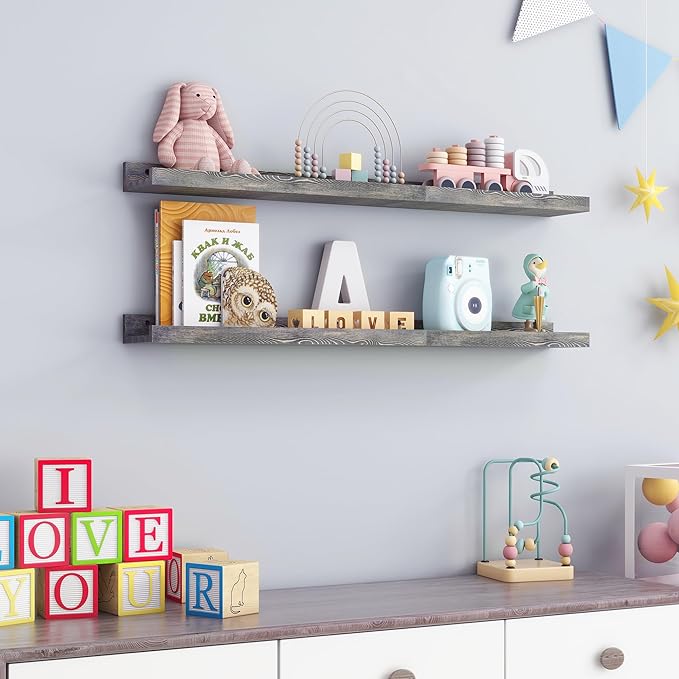 36 Inches Floating Shelves for Wall, Solid Pine Wood Picture Ledge Shelves, Wall Shelves with Lips, Nursery Book Shelves for Toys Storage Living Room Bedroom Photo Frames (2 Pcs, Grey)