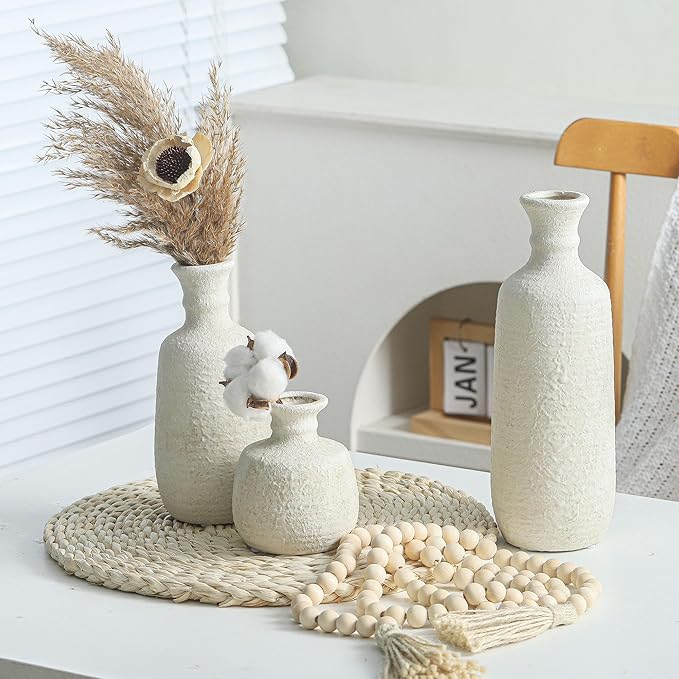 Ceramic Vase Set of 3, Neutral Rustic Vases Home Decor Farmhouse Decorative Vase Whitewashed Pottery Decor Boho Modern for Table Mantel Entryway Bookshelf Living Room Kitchen Bathroom Bedroom - White