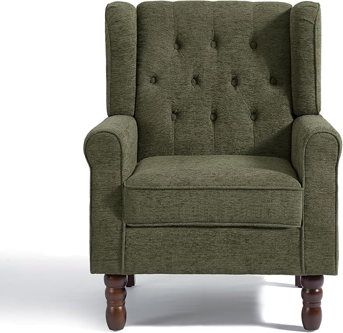 UIXE High Back Accent Chairs Set of 2, Upholstered Armchair in Fabric for Living Room, Retro Wingback Arm Chair Comfy Single Sofa Bedroom Reading Seat with Solid Wood Legs - Green