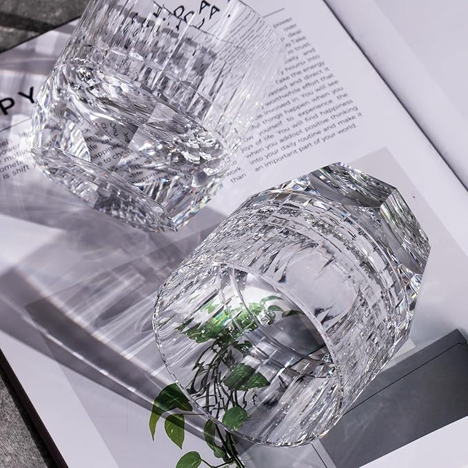 KAMMAK Crystal Whiskey Glasses Set of 2, 7.44oz Old Fashioned Glasses Stemless, Luxury Hand Blown White Cocktail Glasses, Handcrafted Cut Design Octagon Cup for Women, Men Gift for Bourbon