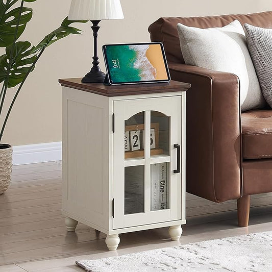 Narrow Side Table,Farmhouse Nightstand with Charging Station,Wood End Table with Glass Barn Door Storage, Cabinet Organizer with Adjustable Shelf, Night Stand for Small Spaces for Living Room Bedroom