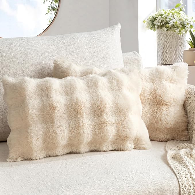 MIULEE Pack of 2 Decorative Pillow Covers Thick Soft Plush Faux Fur Lumbar Throw Pillows Luxury Home Decor for Couch Bedroom Living Room Sofa,12x20 Inch Beige